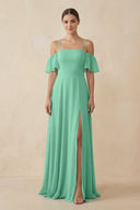 Off - the - Shoulder A - Line Chiffon Bridesmaid Dress in Turquoise - SHE IS ME Bridesmaid Dresses