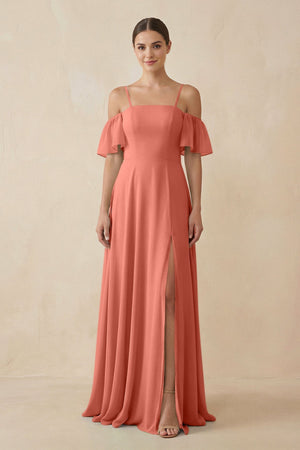 Off - the - Shoulder A - Line Chiffon Bridesmaid Dress in Wild Rose - SHE IS ME Bridesmaid Dresses