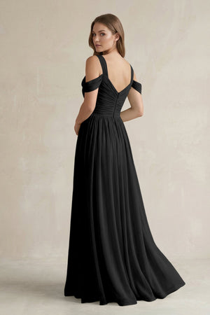Off - the - Shoulder A - Line Chiffon Bridesmaid Dress With Slit in Black - SHE IS ME Bridesmaid Dresses