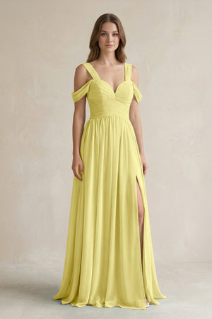 Off - the - Shoulder A - Line Chiffon Bridesmaid Dress With Slit in Buttercup - SHE IS ME Bridesmaid Dresses