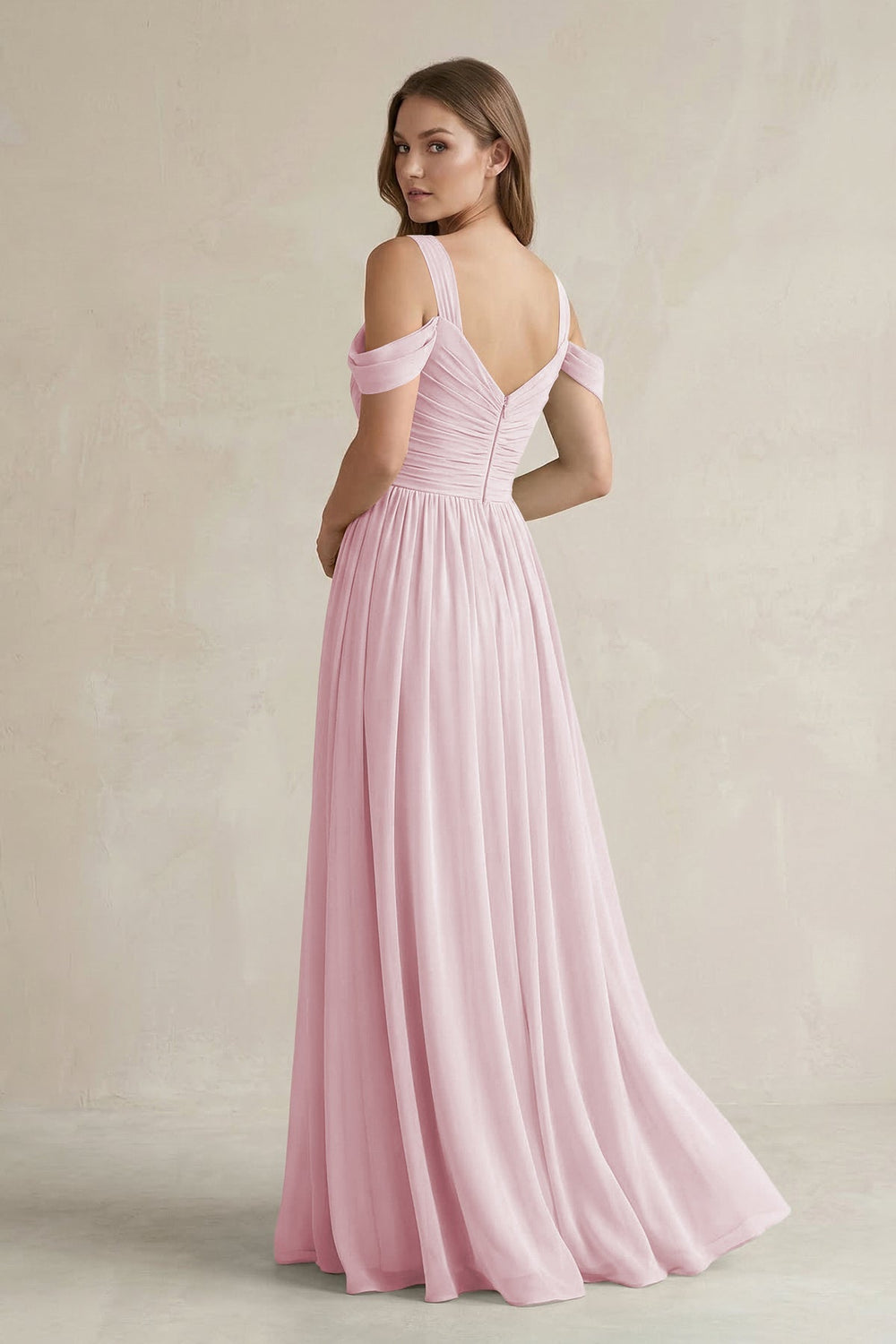 Off - the - Shoulder A - Line Chiffon Bridesmaid Dress With Slit in Candy Pink - SHE IS ME Bridesmaid Dresses