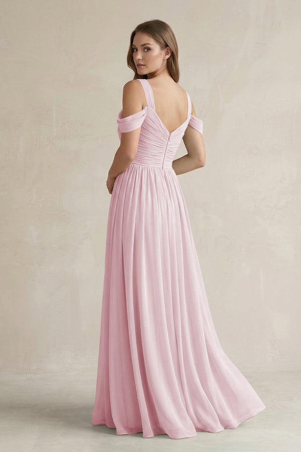 Off - the - Shoulder A - Line Chiffon Bridesmaid Dress With Slit in Candy Pink - SHE IS ME Bridesmaid Dresses