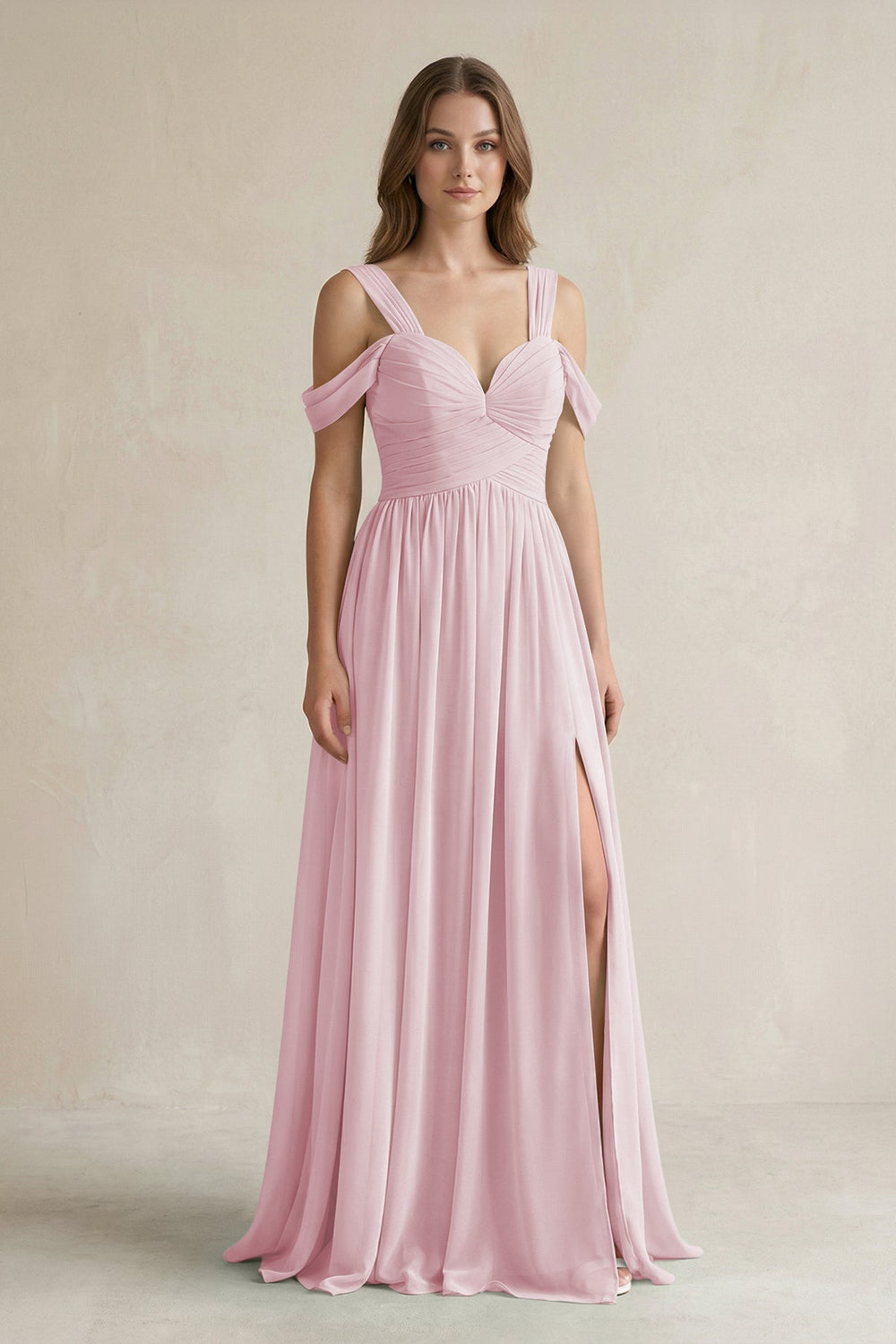 Off - the - Shoulder A - Line Chiffon Bridesmaid Dress With Slit in Candy Pink - SHE IS ME Bridesmaid Dresses