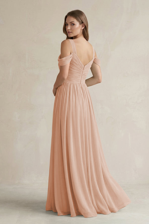 Off - the - Shoulder A - Line Chiffon Bridesmaid Dress With Slit in Champagne Rose - SHE IS ME Bridesmaid Dresses