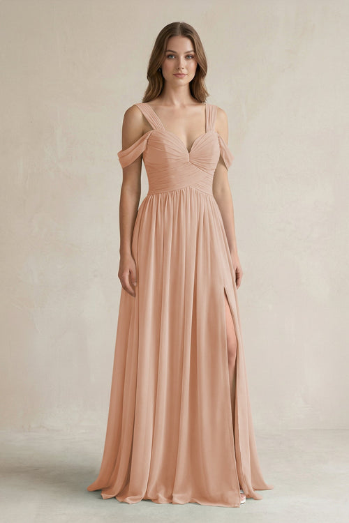 Off - the - Shoulder A - Line Chiffon Bridesmaid Dress With Slit in Champagne Rose - SHE IS ME Bridesmaid Dresses