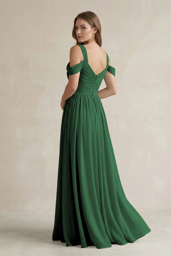Off - the - Shoulder A - Line Chiffon Bridesmaid Dress With Slit in Dark Green - SHE IS ME Bridesmaid Dresses