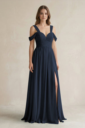 Off - the - Shoulder A - Line Chiffon Bridesmaid Dress With Slit in Dark Navy - SHE IS ME Bridesmaid Dresses