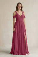 Off - the - Shoulder A - Line Chiffon Bridesmaid Dress With Slit in Desert Rose - SHE IS ME Bridesmaid Dresses