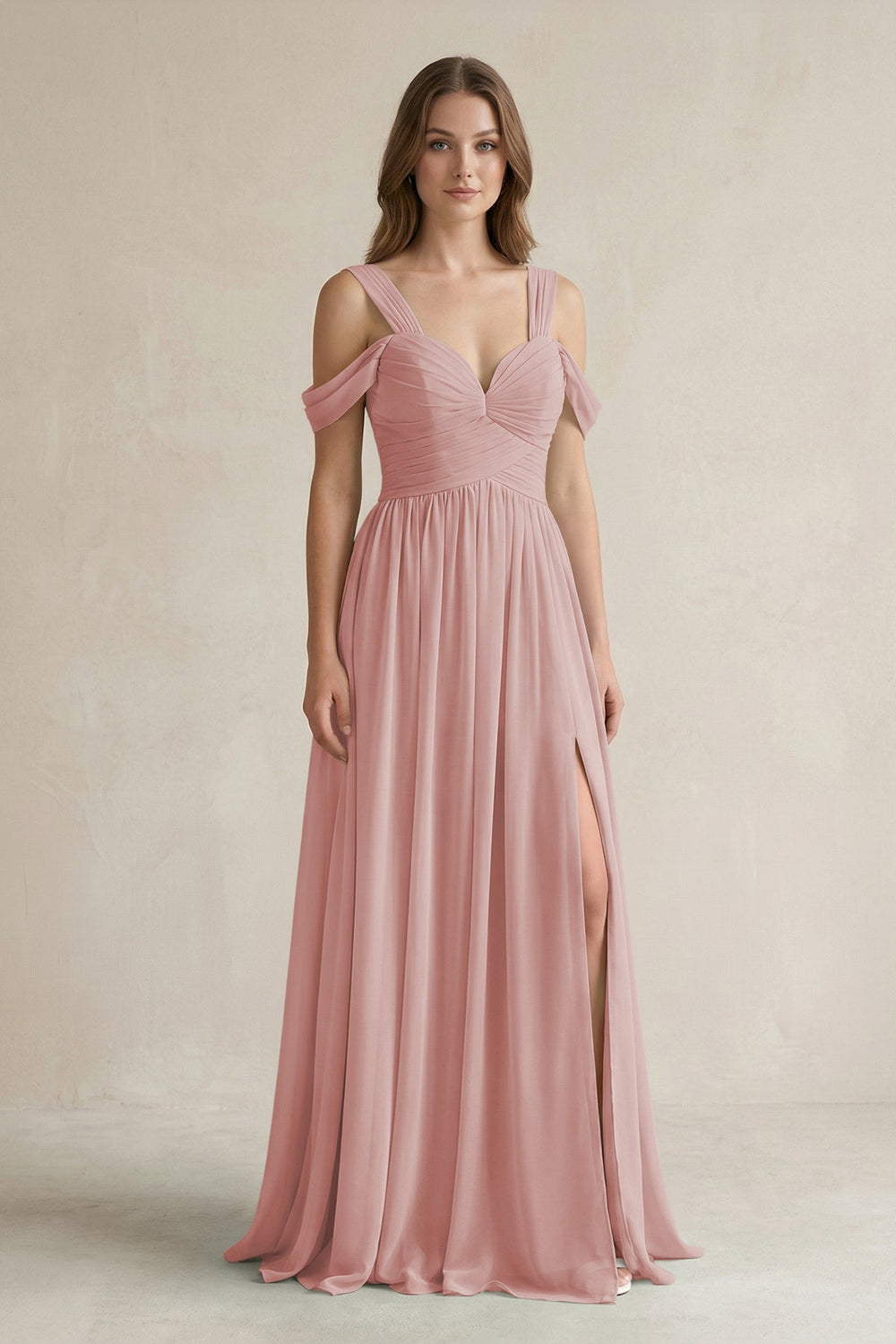 Off - the - Shoulder A - Line Chiffon Bridesmaid Dress With Slit in Dusty Rose - SHE IS ME Bridesmaid Dresses
