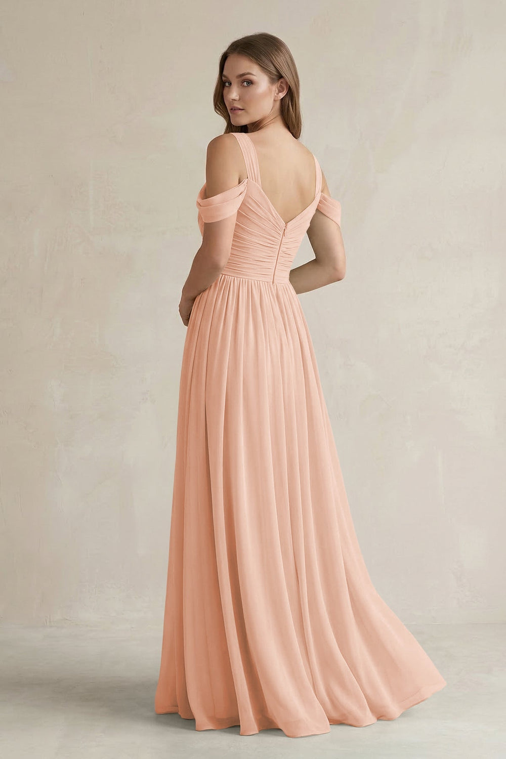 Off - the - Shoulder A - Line Chiffon Bridesmaid Dress With Slit in English Rose - SHE IS ME Bridesmaid Dresses
