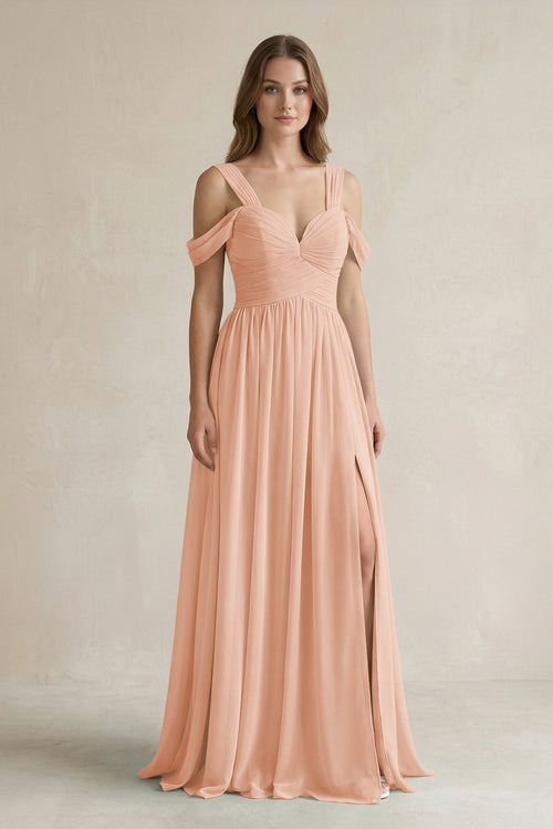 Off - the - Shoulder A - Line Chiffon Bridesmaid Dress With Slit in English Rose - SHE IS ME Bridesmaid Dresses