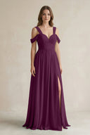 Off - the - Shoulder A - Line Chiffon Bridesmaid Dress With Slit in Fig - SHE IS ME Bridesmaid Dresses