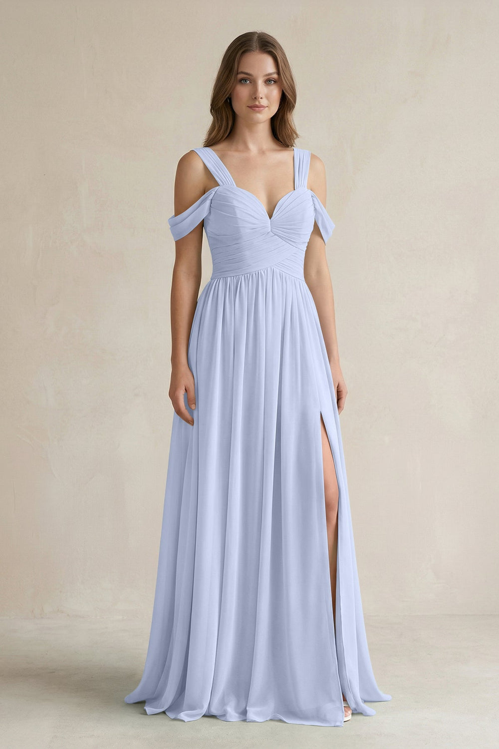 Off - the - Shoulder A - Line Chiffon Bridesmaid Dress With Slit in Ice - SHE IS ME Bridesmaid Dresses