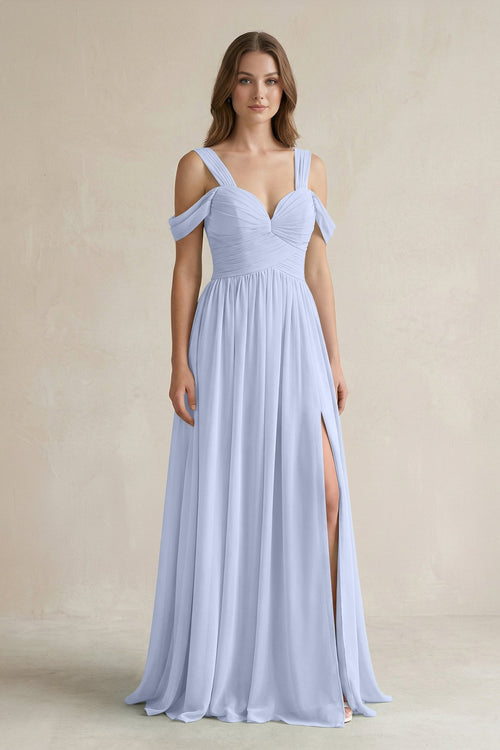 Off - the - Shoulder A - Line Chiffon Bridesmaid Dress With Slit in Ice - SHE IS ME Bridesmaid Dresses