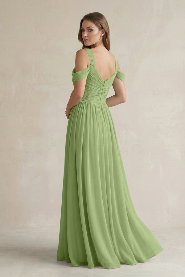 Off - the - Shoulder A - Line Chiffon Bridesmaid Dress With Slit in Matcha - SHE IS ME Bridesmaid Dresses