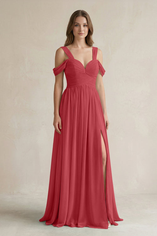 Off - the - Shoulder A - Line Chiffon Bridesmaid Dress With Slit in Merlot - SHE IS ME Bridesmaid Dresses