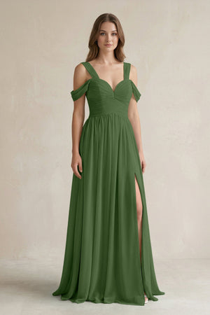 Off - the - Shoulder A - Line Chiffon Bridesmaid Dress With Slit in Moss - SHE IS ME Bridesmaid Dresses
