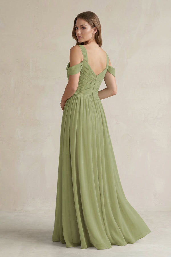 Off - the - Shoulder A - Line Chiffon Bridesmaid Dress With Slit in Moss Green - SHE IS ME Bridesmaid Dresses