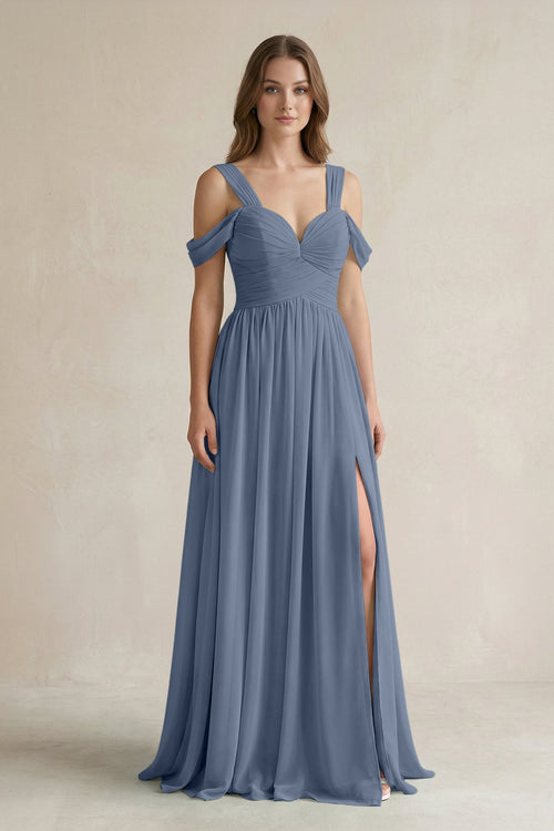 Off - the - Shoulder A - Line Chiffon Bridesmaid Dress With Slit in Neptune - SHE IS ME Bridesmaid Dresses
