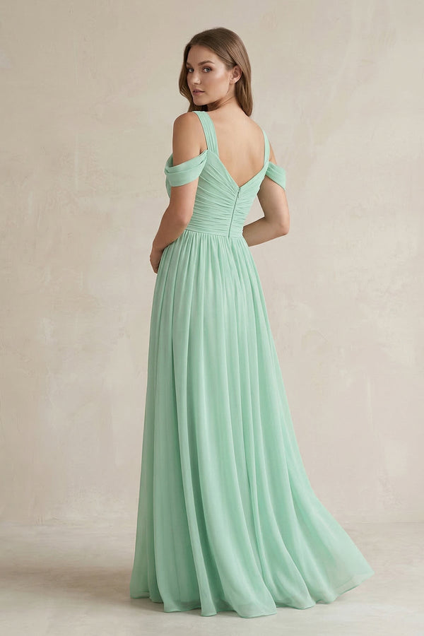 Off-the-Shoulder A-Line Chiffon Bridesmaid Dress With Slit in Pale Pistachio - SHE IS ME BRIDESMAID DRESSES
