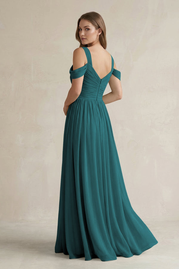 Off - the - Shoulder A - Line Chiffon Bridesmaid Dress With Slit in Pine - SHE IS ME Bridesmaid Dresses