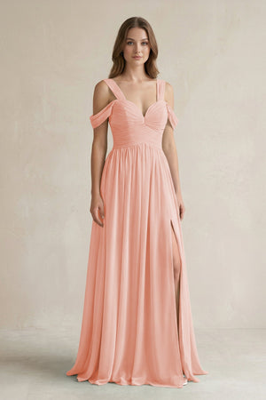 Off - the - Shoulder A - Line Chiffon Bridesmaid Dress With Slit in Rose Petal - SHE IS ME Bridesmaid Dresses