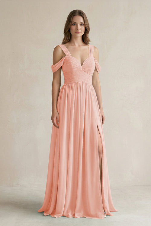 Off - the - Shoulder A - Line Chiffon Bridesmaid Dress With Slit in Rose Petal - SHE IS ME Bridesmaid Dresses
