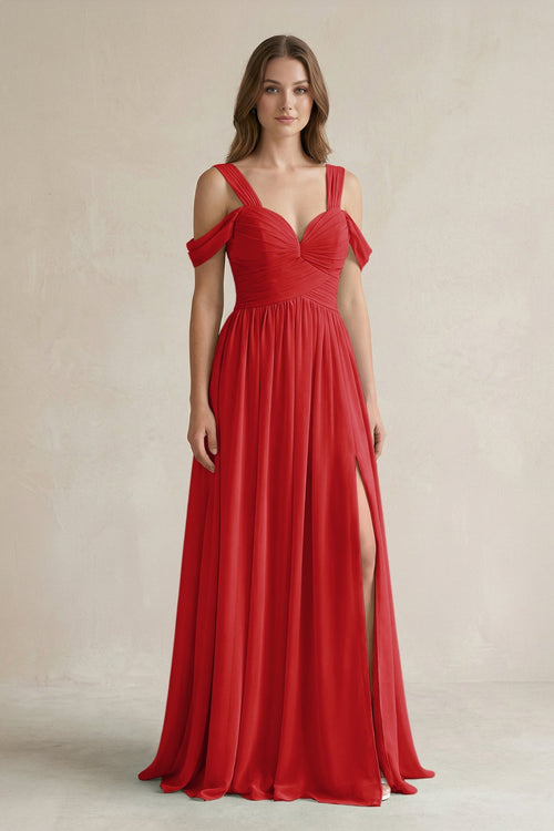 Off - the - Shoulder A - Line Chiffon Bridesmaid Dress With Slit in Ruby Red - SHE IS ME Bridesmaid Dresses