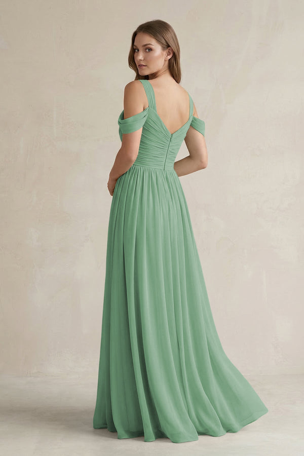 Off - the - Shoulder A - Line Chiffon Bridesmaid Dress With Slit in Sea Glass - SHE IS ME Bridesmaid Dresses