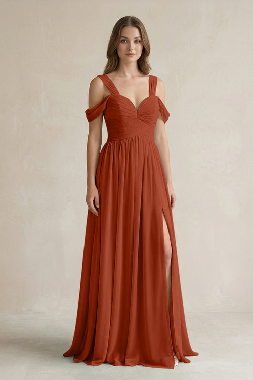 Off - the - Shoulder A - Line Chiffon Bridesmaid Dress With Slit in Spice - SHE IS ME Bridesmaid Dresses