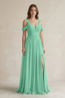 Off - the - Shoulder A - Line Chiffon Bridesmaid Dress With Slit in Turquoise - SHE IS ME Bridesmaid Dresses