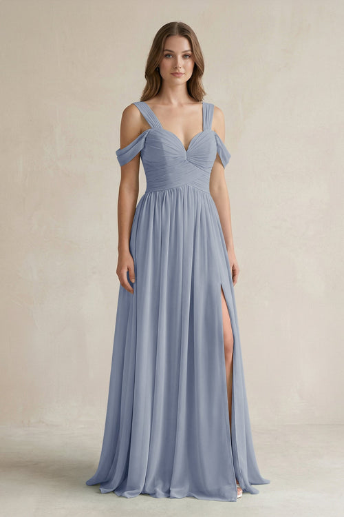 Off - the - Shoulder A - Line Chiffon Bridesmaid Dress With Slit in Twilight - SHE IS ME Bridesmaid Dresses