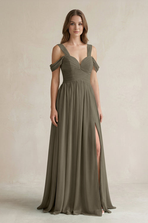 Off - the - Shoulder A - Line Chiffon Bridesmaid Dress With Slit in Willow Green - SHE IS ME Bridesmaid Dresses