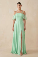 Off-the-Shoulder A-Line Chiffon Bridesmaid Dress in Pale Pistachio - SHE IS ME BRIDESMAID DRESSES
