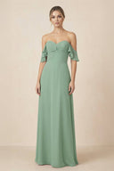 Off-the-Shoulder A-Line Chiffon Ruched Bridesmaid Dress in Sea Glass - SHE IS ME BRIDESMAID DRESSES