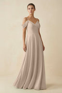 Off - the - Shoulder A - Line Pleated Chiffon Bridesmaid Gown in Almond - SHE IS ME Bridesmaid Dresses