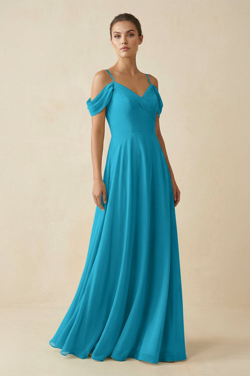 Off - the - Shoulder A - Line Pleated Chiffon Bridesmaid Gown in Blue Jay - SHE IS ME Bridesmaid Dresses