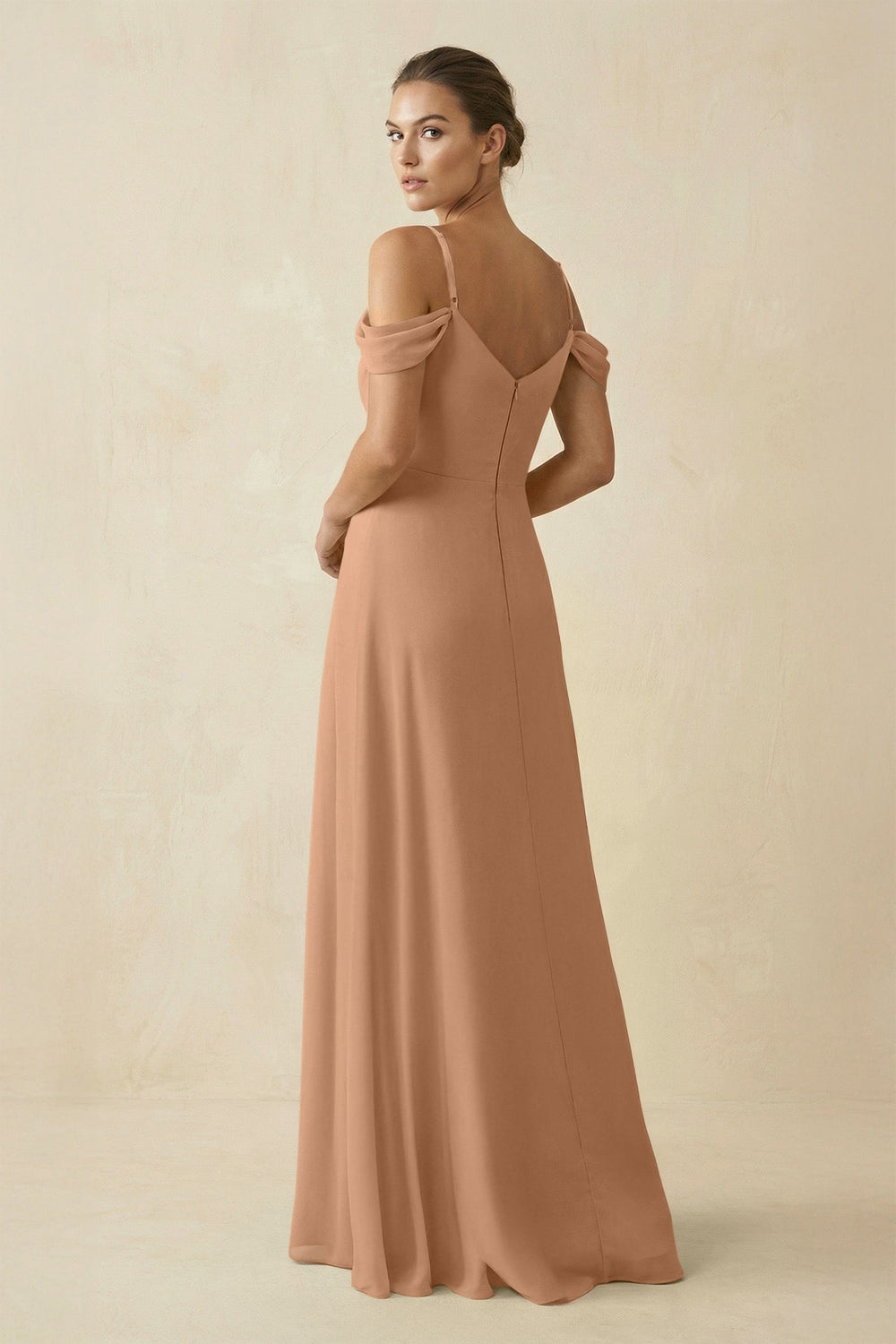 Off - the - Shoulder A - Line Pleated Chiffon Bridesmaid Gown in Bronzer - SHE IS ME Bridesmaid Dresses
