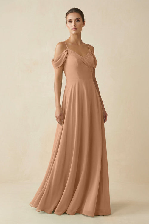 Off - the - Shoulder A - Line Pleated Chiffon Bridesmaid Gown in Bronzer - SHE IS ME Bridesmaid Dresses