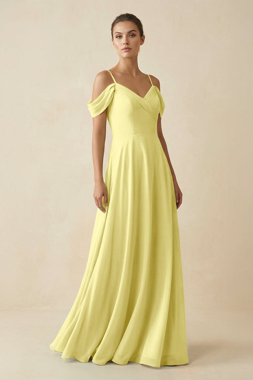 Off - the - Shoulder A - Line Pleated Chiffon Bridesmaid Gown in Buttercup - SHE IS ME Bridesmaid Dresses