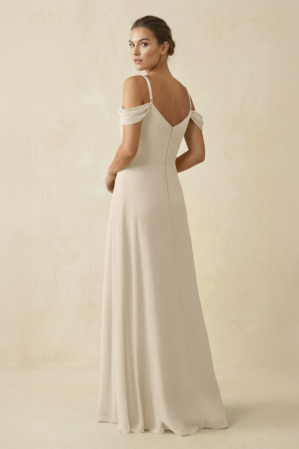 Off - the - Shoulder A - Line Pleated Chiffon Bridesmaid Gown in Champagne - SHE IS ME Bridesmaid Dresses