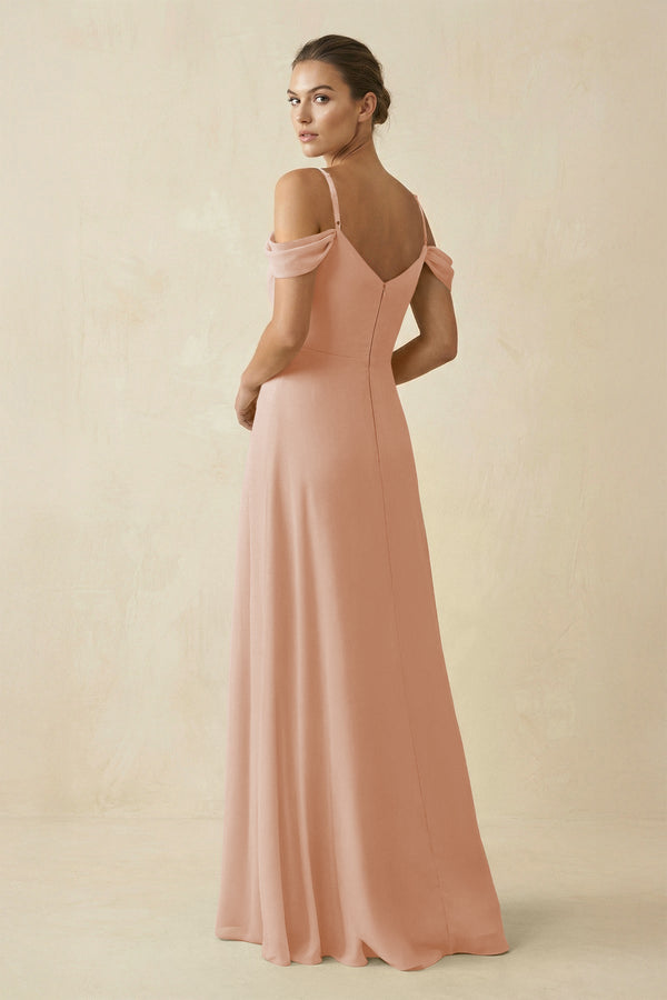 Off - the - Shoulder A - Line Pleated Chiffon Bridesmaid Gown in Champagne Rose - SHE IS ME Bridesmaid Dresses