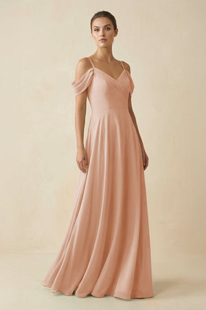 Off - the - Shoulder A - Line Pleated Chiffon Bridesmaid Gown in Champagne Rose - SHE IS ME Bridesmaid Dresses