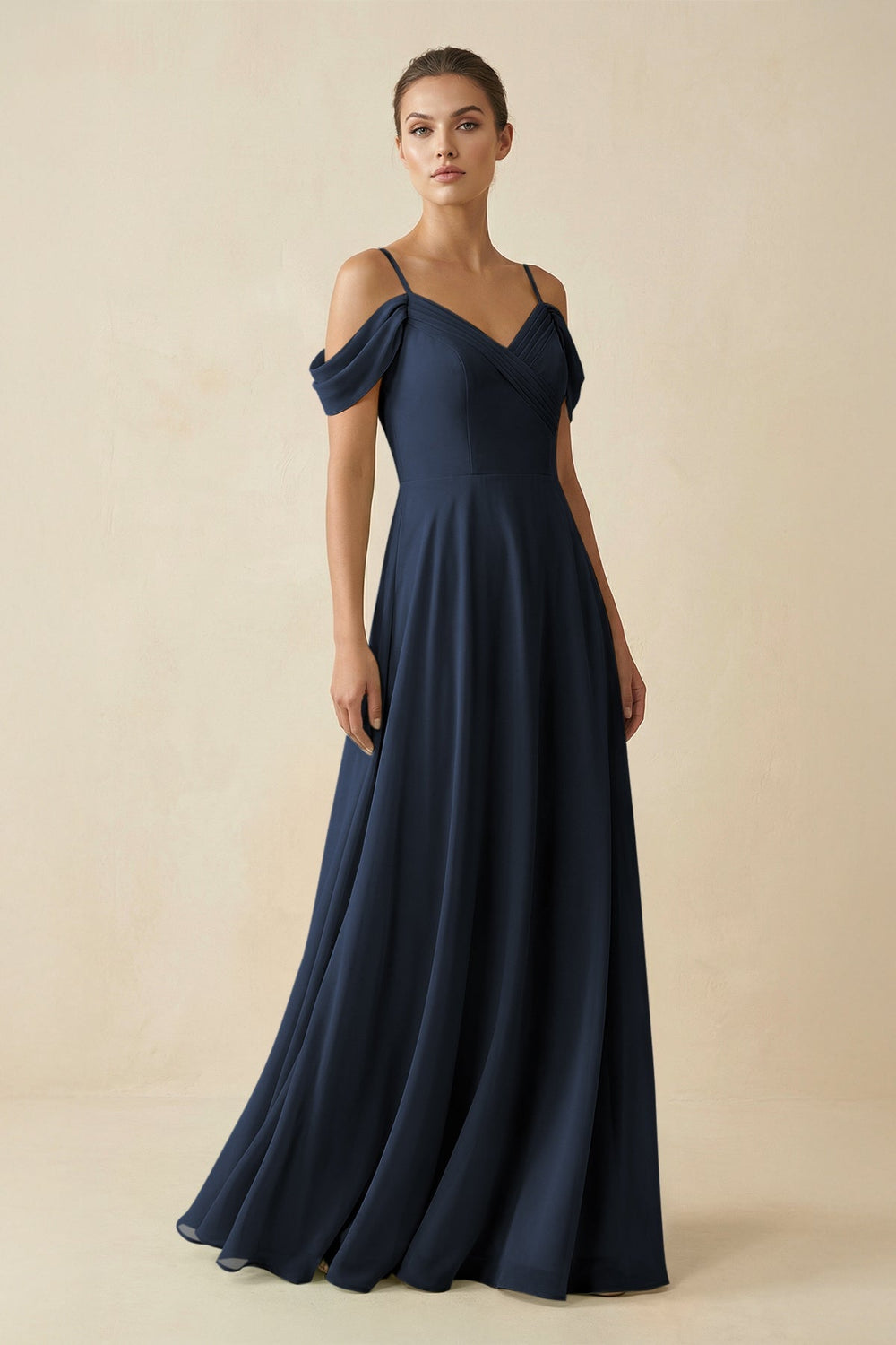 Off - the - Shoulder A - Line Pleated Chiffon Bridesmaid Gown in Dark Navy - SHE IS ME Bridesmaid Dresses