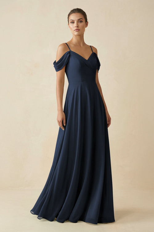 Off - the - Shoulder A - Line Pleated Chiffon Bridesmaid Gown in Dark Navy - SHE IS ME Bridesmaid Dresses