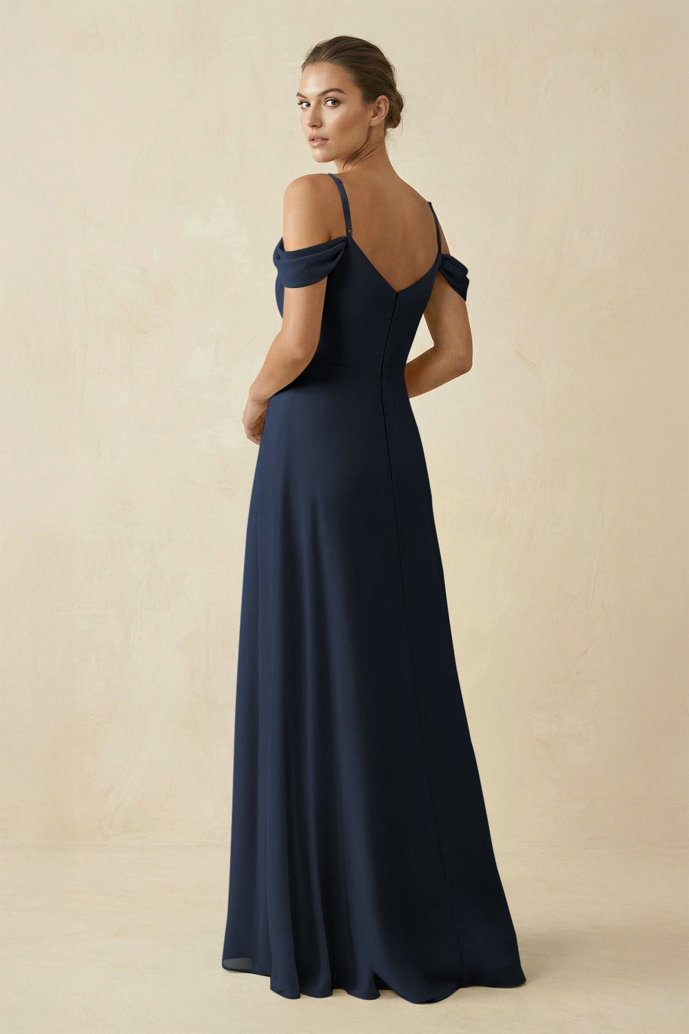 Off - the - Shoulder A - Line Pleated Chiffon Bridesmaid Gown in Dark Navy - SHE IS ME Bridesmaid Dresses