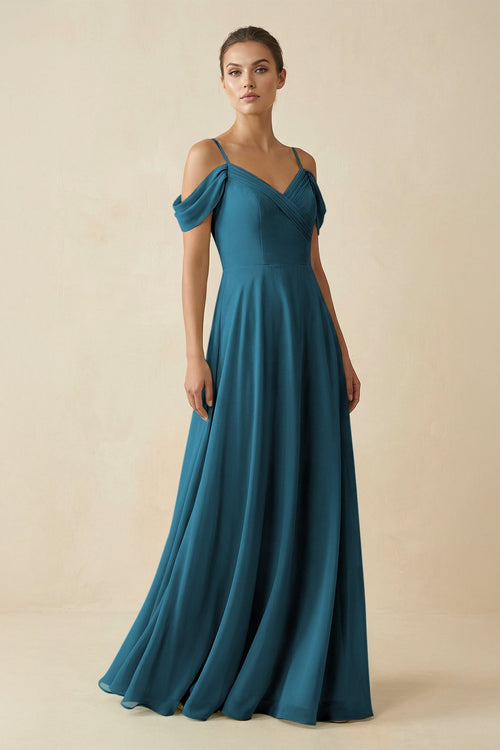 Off - the - Shoulder A - Line Pleated Chiffon Bridesmaid Gown in Dark Teal - SHE IS ME Bridesmaid Dresses