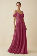 Off - the - Shoulder A - Line Pleated Chiffon Bridesmaid Gown in Desert Rose - SHE IS ME Bridesmaid Dresses