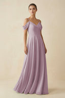 Off - the - Shoulder A - Line Pleated Chiffon Bridesmaid Gown in Dusk - SHE IS ME Bridesmaid Dresses