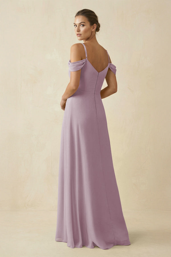 Off - the - Shoulder A - Line Pleated Chiffon Bridesmaid Gown in Dusk - SHE IS ME Bridesmaid Dresses
